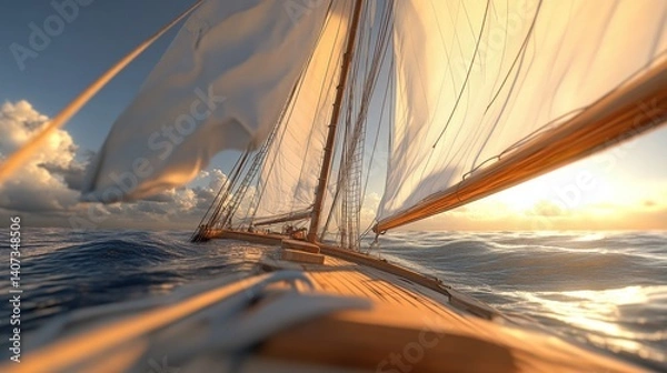 Fototapeta A 3D rendered close-up of a sailboats rigging and sails in motion, with intricate details and a clear sky above