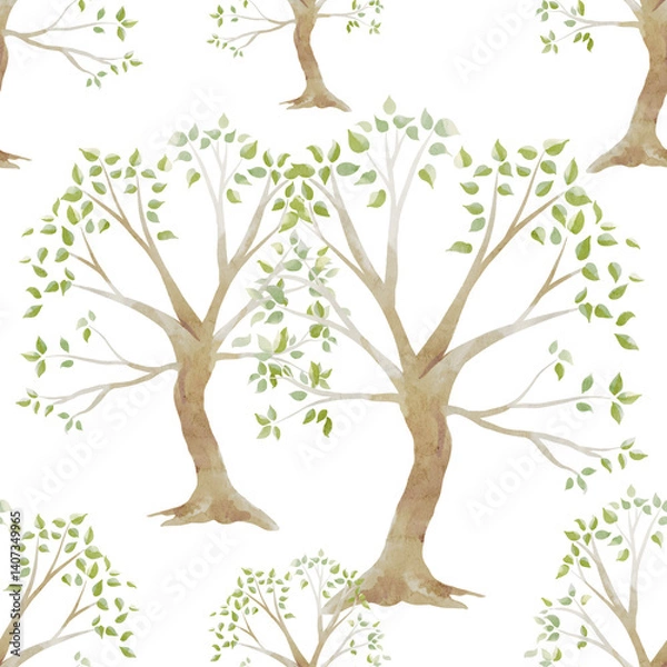 Fototapeta Seamless watercolor forest pattern with trees and foliage. Hand-drawn design for fabric, wrapping, nursery, and more.