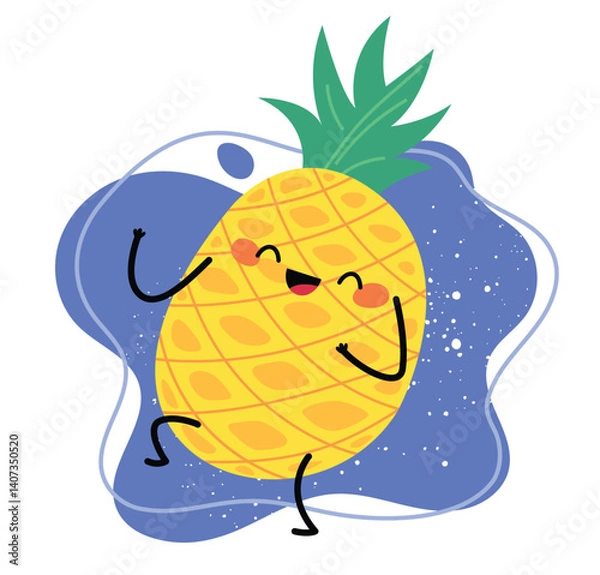 Fototapeta Cute cartoon pineapple with a happy face, green leaves, and arms raised on a blue splash background, perfect for fun summer designs.