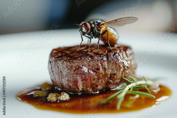 Obraz Fly sits on a cooked steak with sauce on a white plate