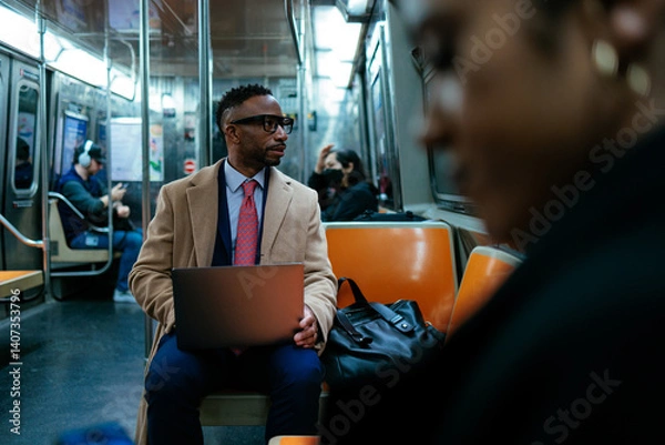 Obraz Businessman working on laptop while riding on subway