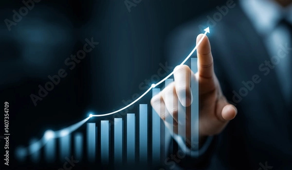 Fototapeta Businessman pointing at growth arrow on chart, symbolizing success and corporate development strategy.