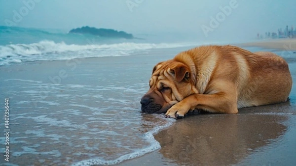 Fototapeta A dog on a beach by the water's edge, looking at the ocean waves. Relaxed demeanor, enjoying a break from play or walk.