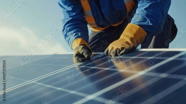 Fototapeta Solar panel installer securing photovoltaic modules on a commercial rooftop. Featuring sustainability and precision