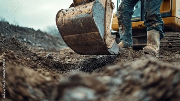 Fototapeta Excavator operator digging a trench for utility lines at a construction site. Featuring skill and focus