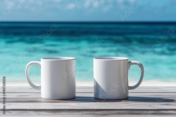 Obraz Two blank template mugs placed on a wooden table on the beach by the ocean