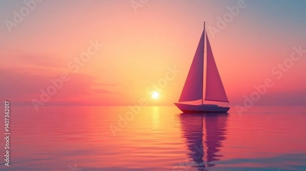 Fototapeta A 3D-rendered minimalist sailboat with a single sail, floating in the middle of a vast open sea, with a soft pastel sunset in the background