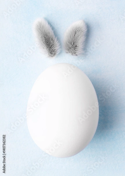 Obraz Easter egg with the funny rabbit eggs  on blue watercolour background