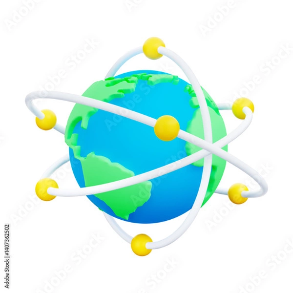 Obraz 3D cartoon stylized globe with orbital paths and yellow spheres resembling atomic orbits surrounding the Earth. Concept of communication, science, technology, global networking. Vector illustration.