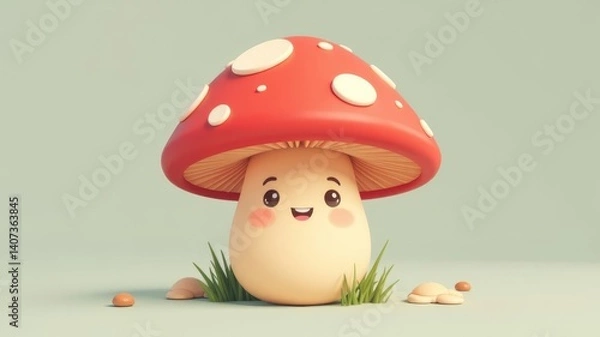Obraz illustration cartoon fly agaric mushroom with face on light background