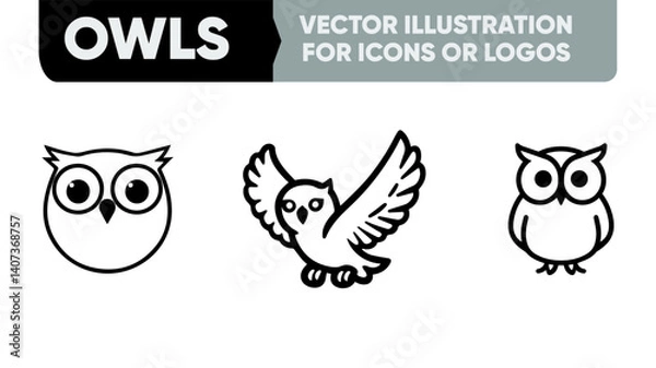 Obraz Simple Owl Silhouette Vector Set – Minimal Line Art for Logos, UI, or Packaging