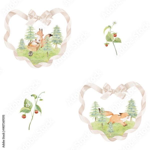 Obraz Cute watercolor fox seamless pattern in a forest theme. Ideal for baby products, nursery designs, and kids’ fabrics.