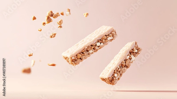 Obraz protein bar broken in half levitation. crunchy granola bar floating in mid-air with scattered oat flakes and nuts. Healthy snack muesli bar white chocolate flying on pink background. cereal bar snack