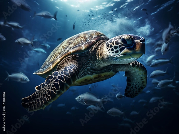 Fototapeta Sea turtle migration crossing the vast ocean following instincts and purpose across the sea