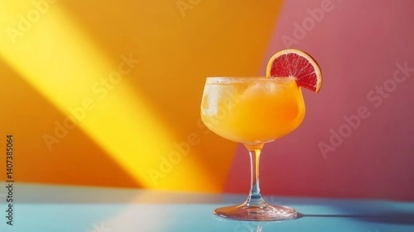 Obraz Refreshing Orange Mocktail or Cocktail in Elegant Glass with Grapefruit Garnish on Colorful Minimalist Background. Vibrant photo with space for text