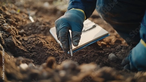 Fototapeta Geotechnical engineer collecting soil sample at excavation site. Featuring precision and analysis