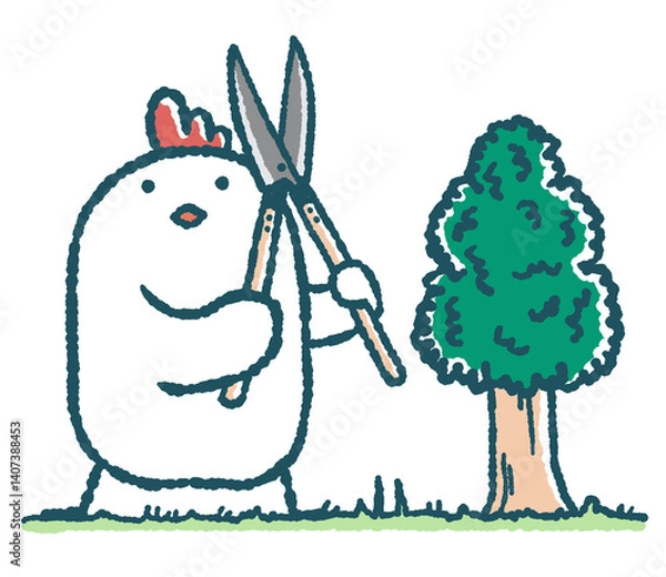 Obraz ゆるいにわとりは剪定ばさみをもって立つ