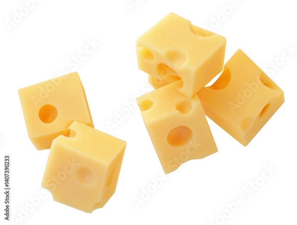 Obraz Flying Cheese pieces isolated on white. Levitating maasdam cheese cubes. Holey Cheese Explosion. Top view. Flat lay.  Package design element.  Creative layout.