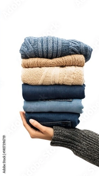 Fototapeta A stack of folded sweaters and jeans held in a hand.