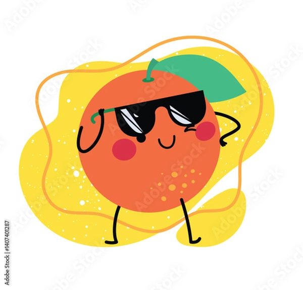 Fototapeta Cool cartoon orange with sunglasses, a happy face, and green leaf on a yellow splash background, perfect for fun summer designs.