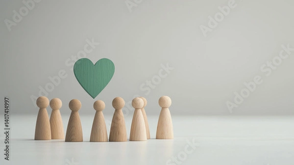 Obraz シンプルな木製人形たちと緑のハート | ミニマルな絆