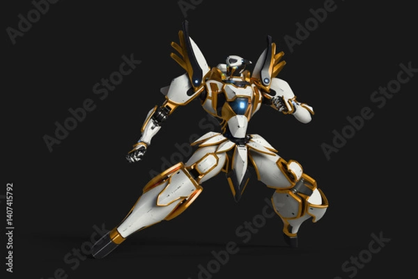 Fototapeta 3d render of sci-fi mech samurai warrior with white, gray, gold scratched armor metal in a fighting pose, hands in fists. Concept of big military futuristic robot with heavy armor on dark background.