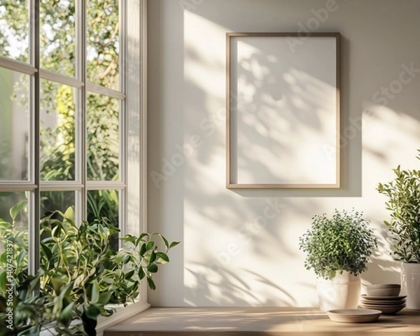 Fototapeta Empty frame in modern kitchen interior with natural light, mock up poster