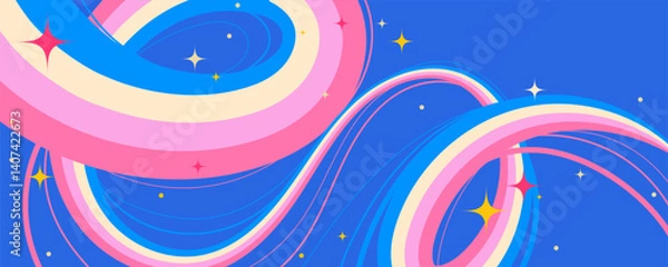 Fototapeta Vibrant Cosmic Swirls with Neon Colors and Stars on Blue Background. Playful design with groovy curves and waves. Great for music visuals, modern posters, web and branding