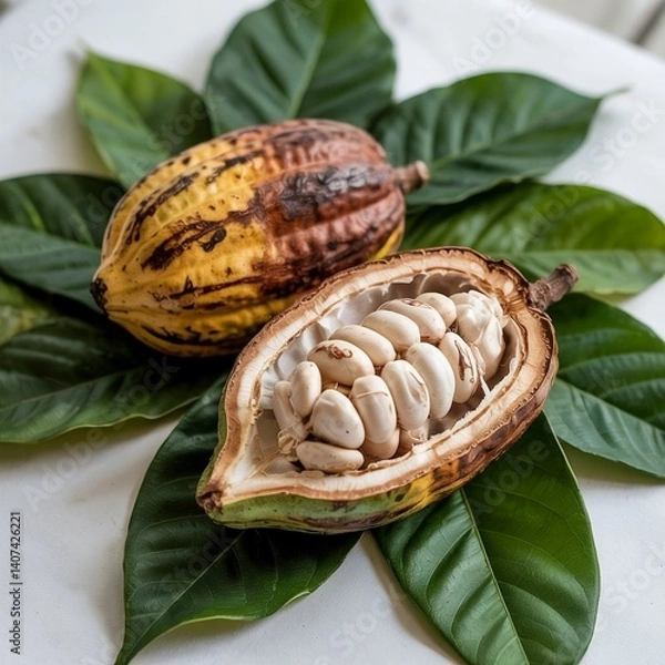 Obraz A realistic cocoa pod, with white beans inside, is placed on green leaves, with a rough brown shell and neatly arranged seeds, highlighting the natural details of the cocoa fruit.