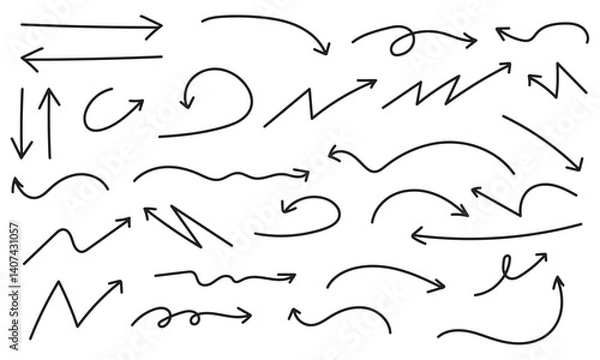 Fototapeta Collection of hand drawn curved arrow doodle style vector on white background. set of zigzag artistic arrow, directional arrow vector symbol