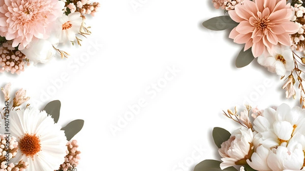 Fototapeta Beautiful floral arrangement with pink and white flowers on a white background showcasing elegance and charm, perfect for invitations and greeting cards, floral design concept