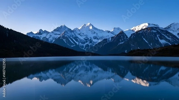 Fototapeta A tranquil alpine lake surrounded by snow-capped mountains, crystal-clear water reflecting the peaks, soft morning light, cool blue tones, wide-angle shot emphasizing serenity.