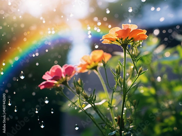 Fototapeta A gentle sun shower brings light rain and a partially formed rainbow contrasting the sky