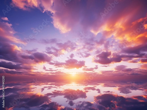 Fototapeta Majestic sunset with orange clouds and a purple backdrop stretching across the sky