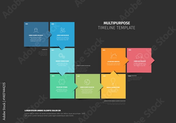 Fototapeta Colorful Multipurpose Timeline Template Design made from square blocks on black background