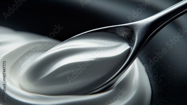 Fototapeta Natural yogurt on spoon, soft cream texture, top view
