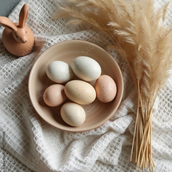 Fototapeta a still life of a bright Easter, eggs in a basket on a table with flowers, the aesthetics of minimalism