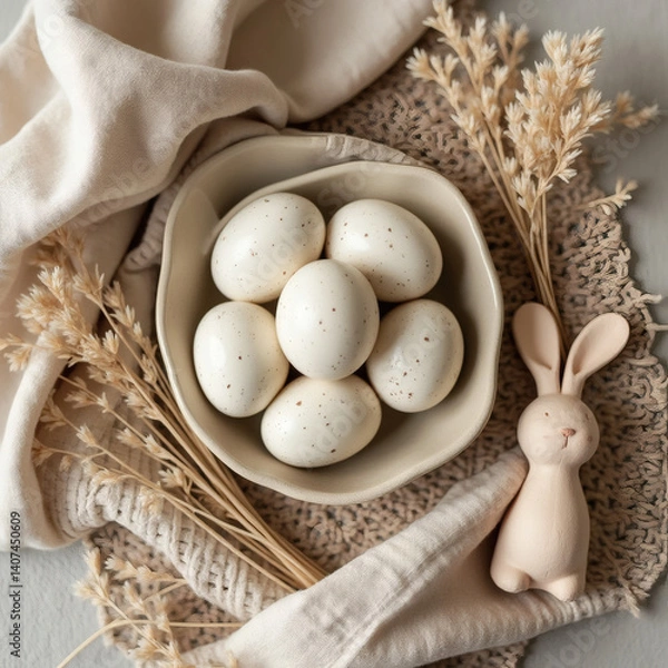 Fototapeta a still life of a bright Easter, eggs in a basket on a table with flowers, the aesthetics of minimalism