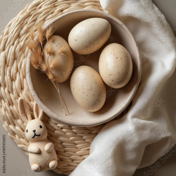 Fototapeta a still life of a bright Easter, eggs in a basket on a table with flowers, the aesthetics of minimalism