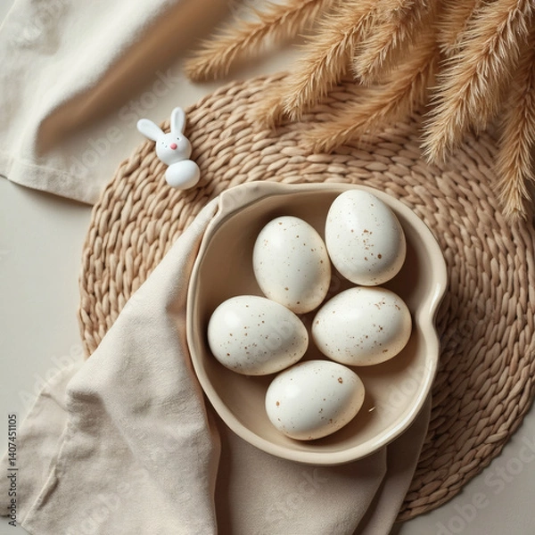 Fototapeta a still life of a bright Easter, eggs in a basket on a table with flowers, the aesthetics of minimalism