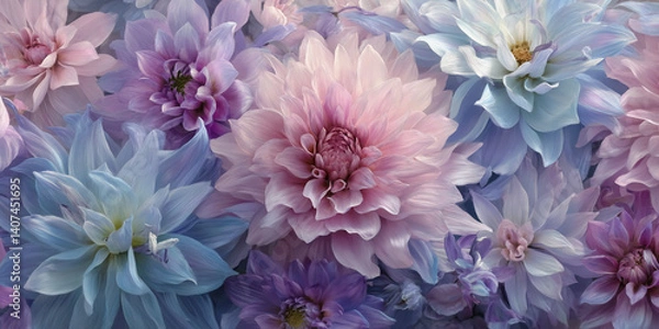 Fototapeta Close-up of pastel pink and blue dahlia flowers, showcasing soft petals and delicate texture, representing serenity, beauty, and floral elegance, ideal for design projects
