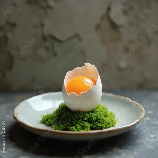 Fototapeta a ready-made dish on Easter day, an egg on moss in a plate, aesthetics
