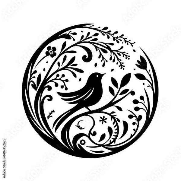 Fototapeta Elegant Black and White Bird on Branch in Circle Illustration