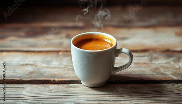 Obraz A Steaming Cup of Espresso on a Wooden Table