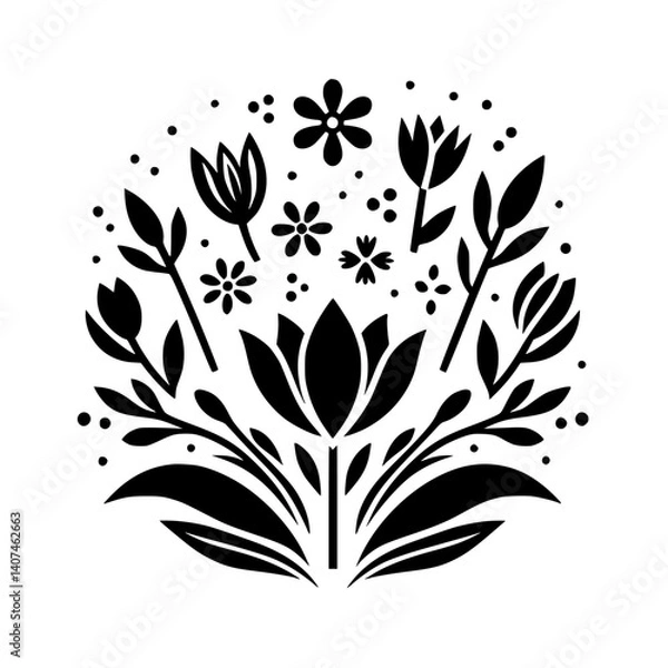 Fototapeta Minimalist Floral Design: Black and White Flower Arrangement on White Background