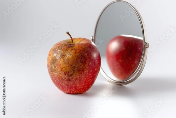 Fototapeta Wrinkled apple reflecting a fresh juicy apple in a small mirror on a white background, concept of hiding flaws and showing fake perfection