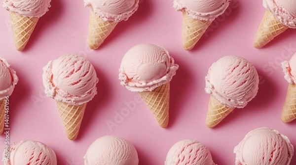 Fototapeta Ice cream cones arranged in a pattern, top view background