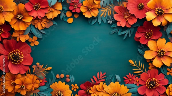 Obraz Title: Vibrant Floral Border with Colorful Blooms Illustration for Cinco de Mayo