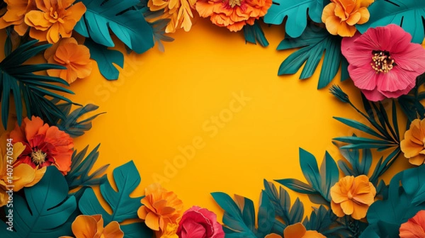 Obraz Vibrant Floral Border with Colorful Tropical Leaves for Cinco de Mayo