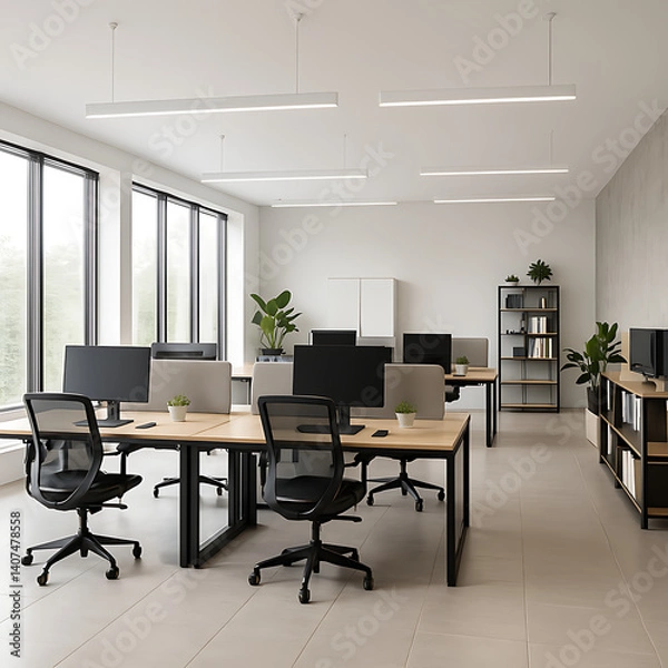 Fototapeta Modern Empty Corporate Office Interior with Large Windows and Minimalist Design